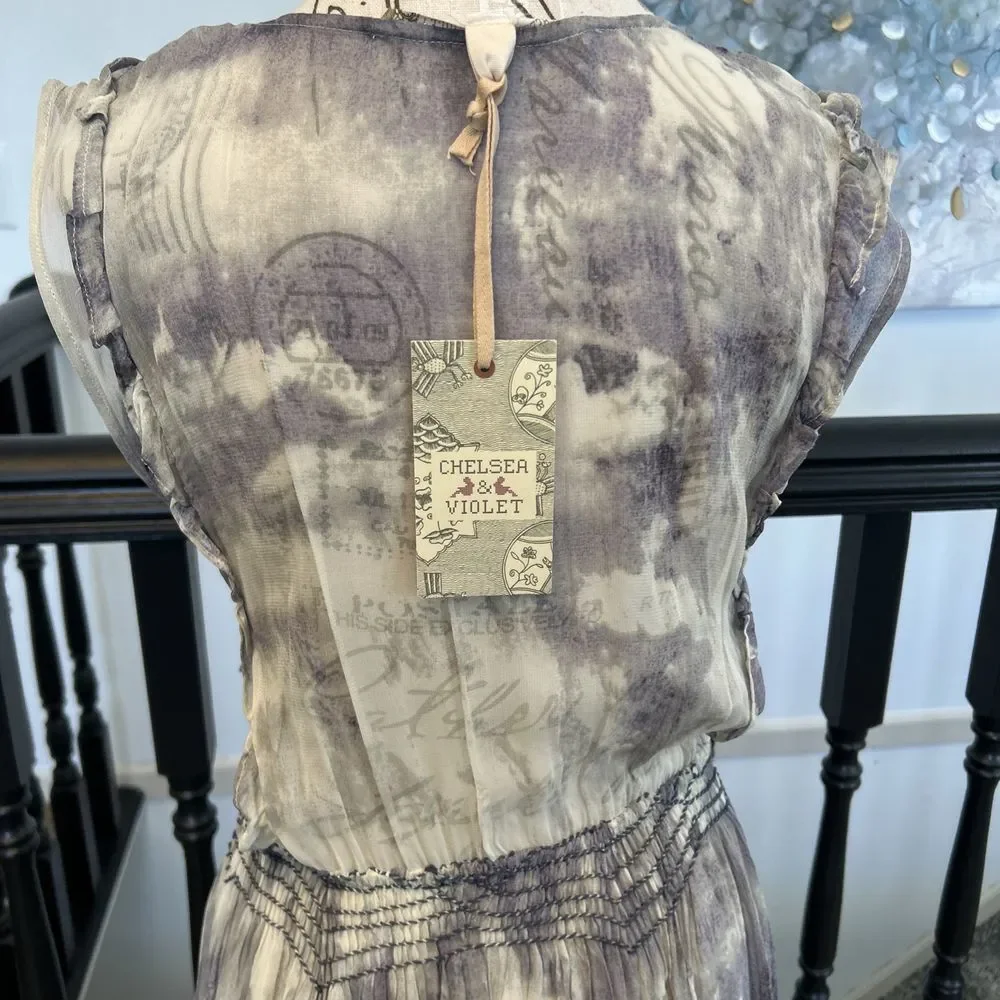 Chelsea & Violet Washed‎ Out Edgy Gypsy Boho Smocked Chiffon Dress Small NWT Med